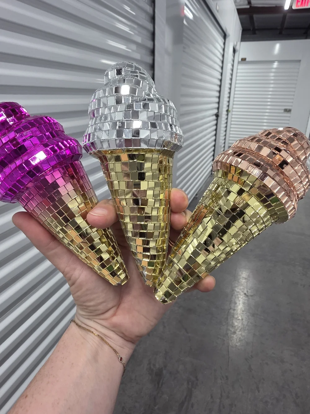 Mirrored Disco Ice Cream Cone Party Decor - Gold, Silver, Pink